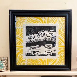 Framed original art Linocut print tentacles and pattern yellow and black